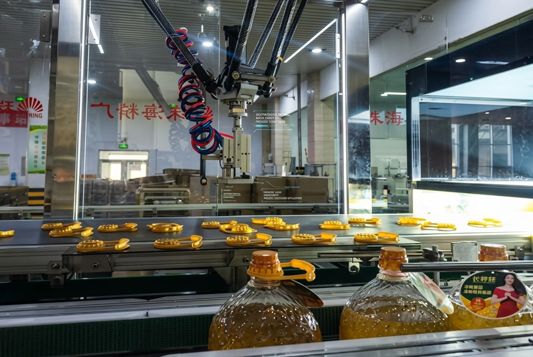 蜘蛛手视觉机械人如何实现5L大桶油自动高效压提环